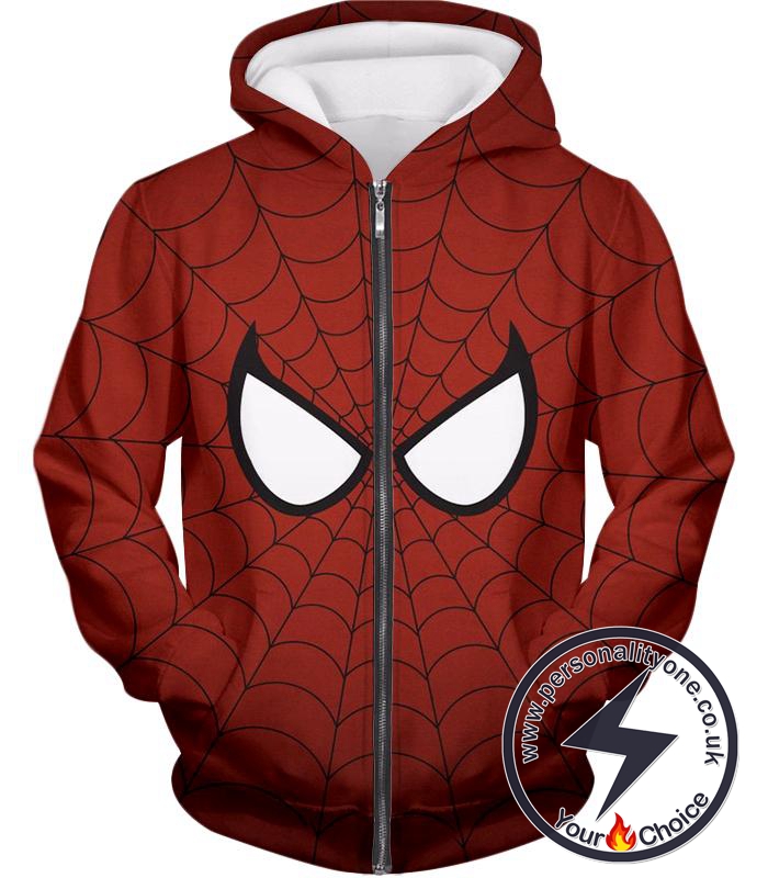 Cool Spider Net Patterned Spidey Eyes Red Zip Up Hoodie